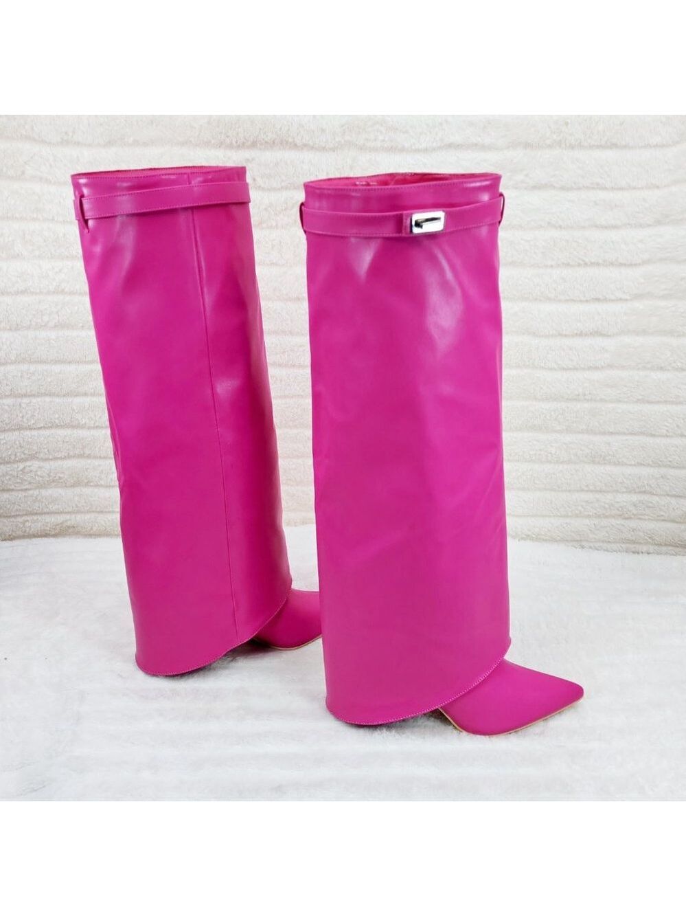 Paris Fuchsia Pink Skirted Fold Over 3.5" Block Heel Knee High Boots